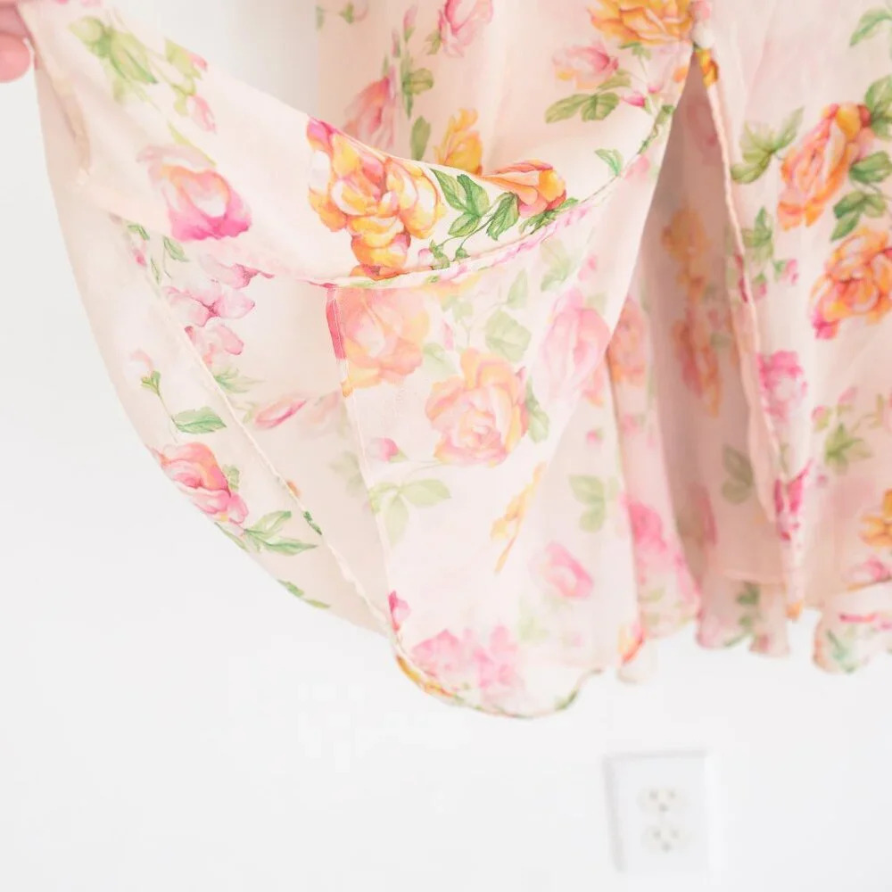 Kooples Antique Pink Floral 100% Silk Puff Sleeve Button Down Slip Midi Dress - Picture 5 of 14